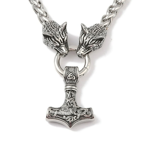 304 Stainless Steel Wolf Head King Wheat Chain Mjolnir Thor Hammer Pendant Necklaces for Men Silver 23.43 inch(59.5cm)