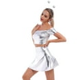 thumbnail image 6 of Women's 3Piece Metallic Outfit Shiny Crop Top + Silver Flared Skirt + Alien Headband Halloween Costume Clubwear Musical Festival Rave Outfit XXL Silver - Off Shoulder, 6 of 8
