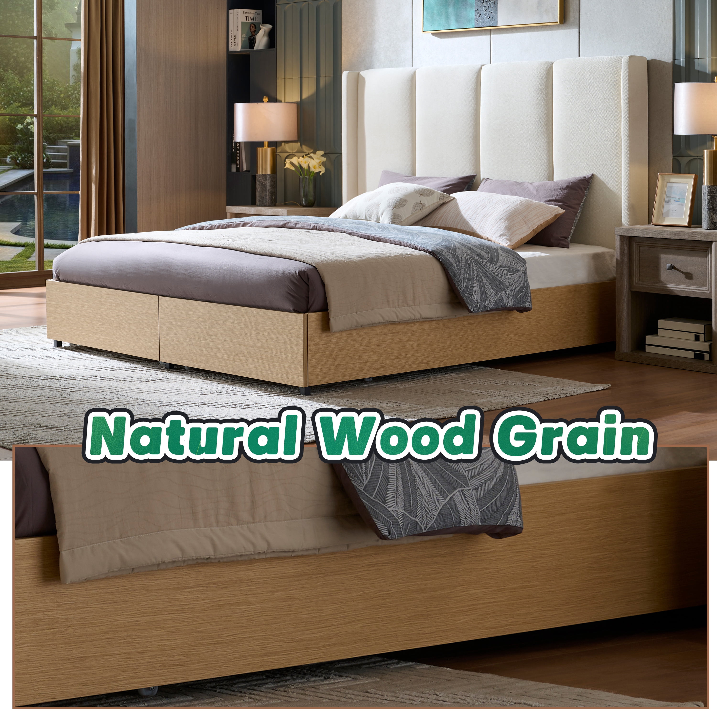 King Size Bed Frame and Upholstered Headboard, Solid Wood Platform Bed with Storage Drawers, Durable Wooden Slats, Solid and Stable, Noiseless, No Box Spring Needed, Easy Assembly, Beige