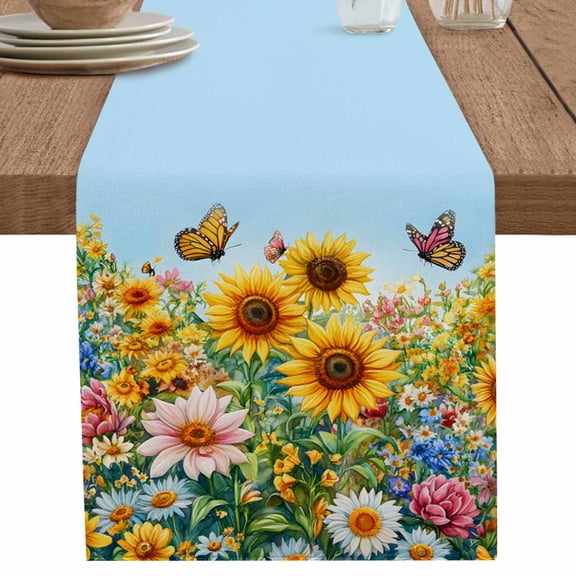nqOlkjepod Spring Yellow Sunflower Table Runner 90 Inches Long Farmhouse Dress Scarves, Butterfly Floral Daisy Country Dining Tablerunner for Coffee Table/Kitchen Island/Party Décor, 13" x 90"