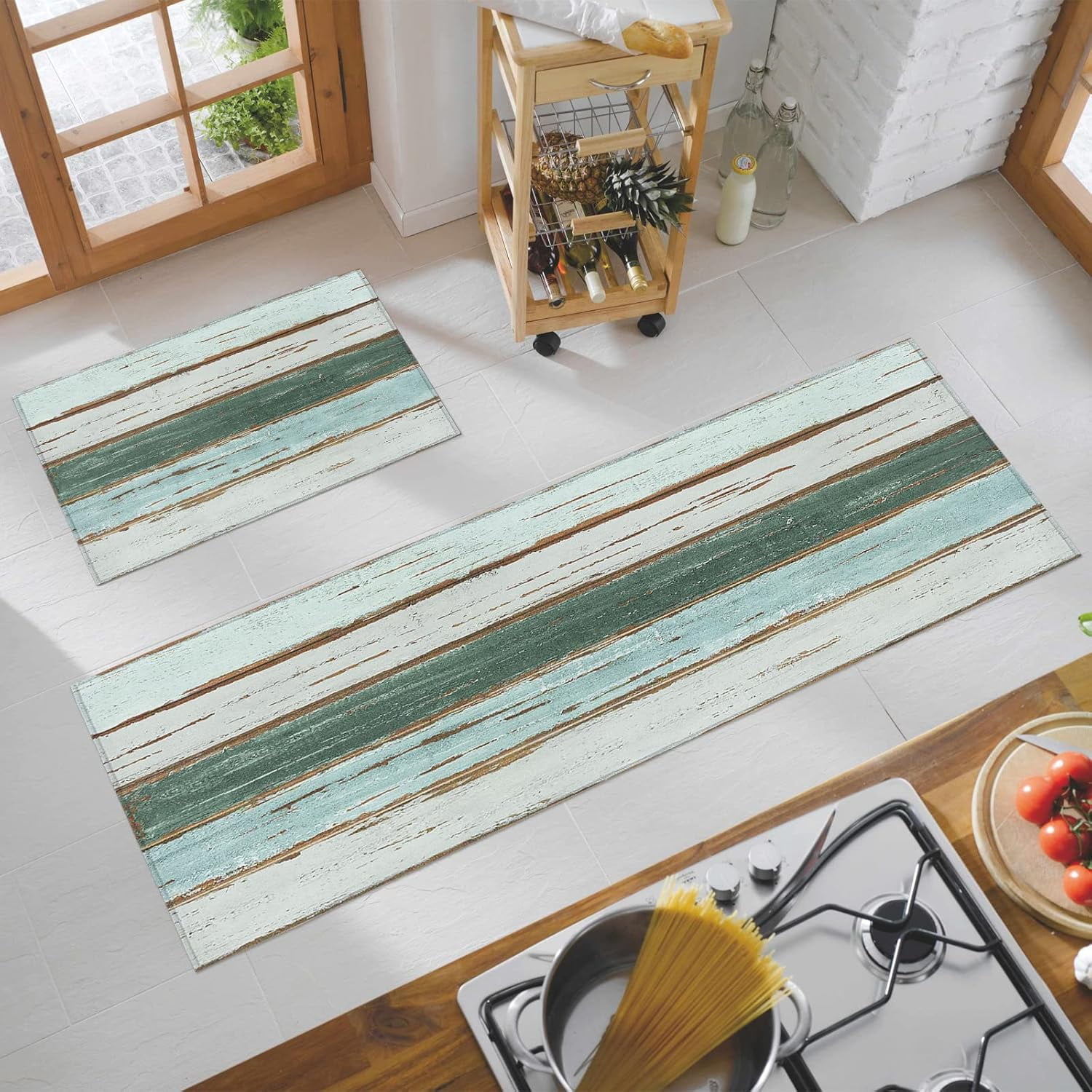 Farm Country Kitchen Rugs and Mats Set of 2, Shabby Teal Wood Grain Non-Slip Floor Doormat Comfort Area Runner Rug and Mat, Retro Wooden Plank Indoor Entrance Carpet Home Decor