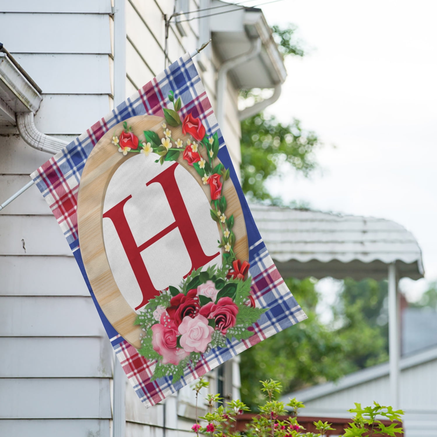 America Forever Monogram H House Flag, 28 x 40 inch Double Sided, Letter H with Roses, Floral Initial Flag, Plaid Background, Personalized Yard Decor