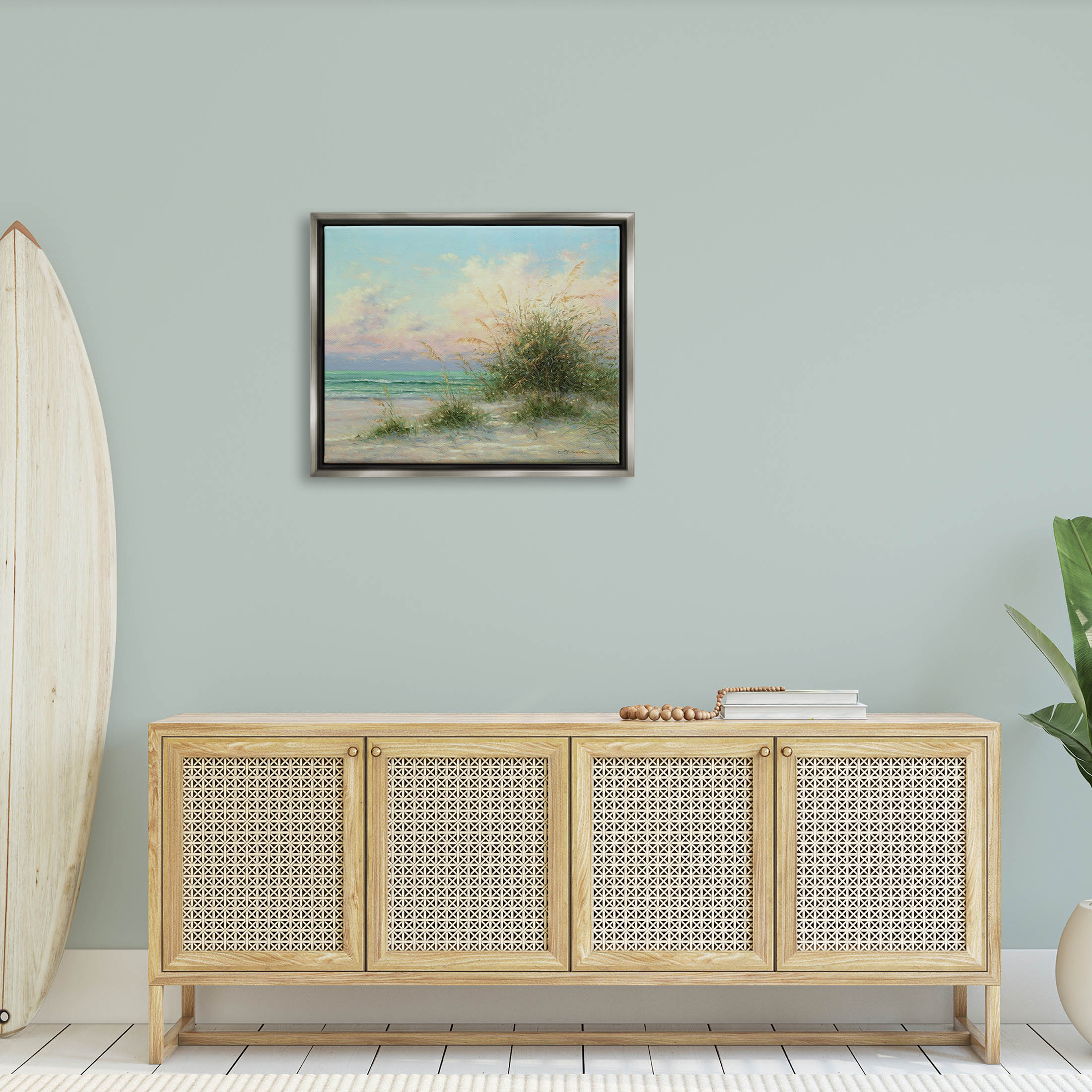 Summer Beach Grass Sea Waves Coastal Painting Luster Gray Framed Art Print Wall Art