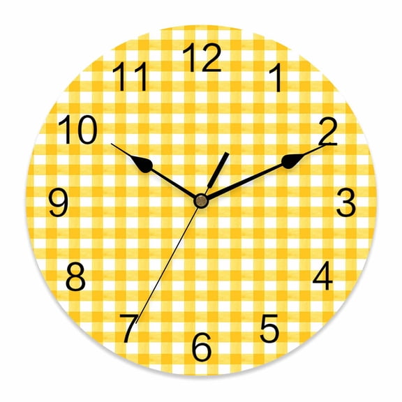 Wall Clock Yellow Buffalo Plaid Clocks PVC Silent Non-Ticking Battery Operated Decorative Pastoral Checkered Round Clock for Home Living Room Kitchen Bedroom Office School Wall Decor 14 Inch