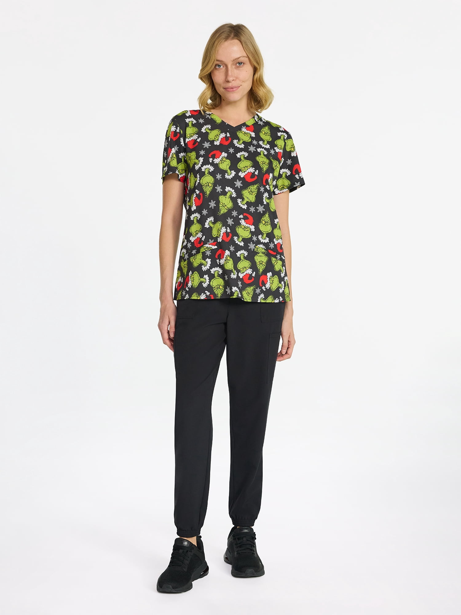 Dr. Seuss Grinch Women's Print V Neck Scrub Top, Sizes S-3XL