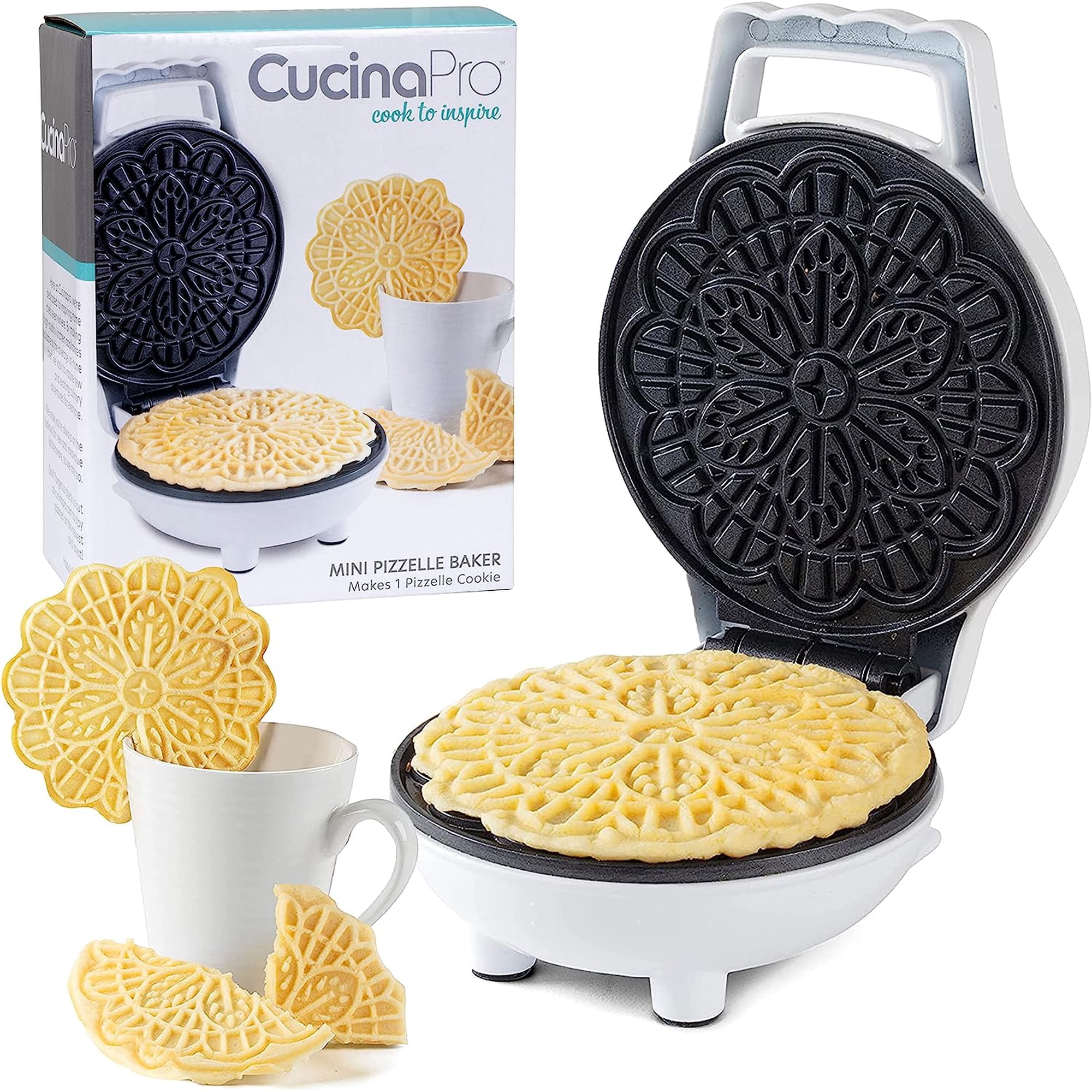 Mini Electric Pizzelle Maker- Makes 1 Personal Tiny Sized 4" Traditional Italian Waffle in Minutes- Nonstick Iron Press w Recipes- Dessert Cookie Treat or Housewarming Baking Gift