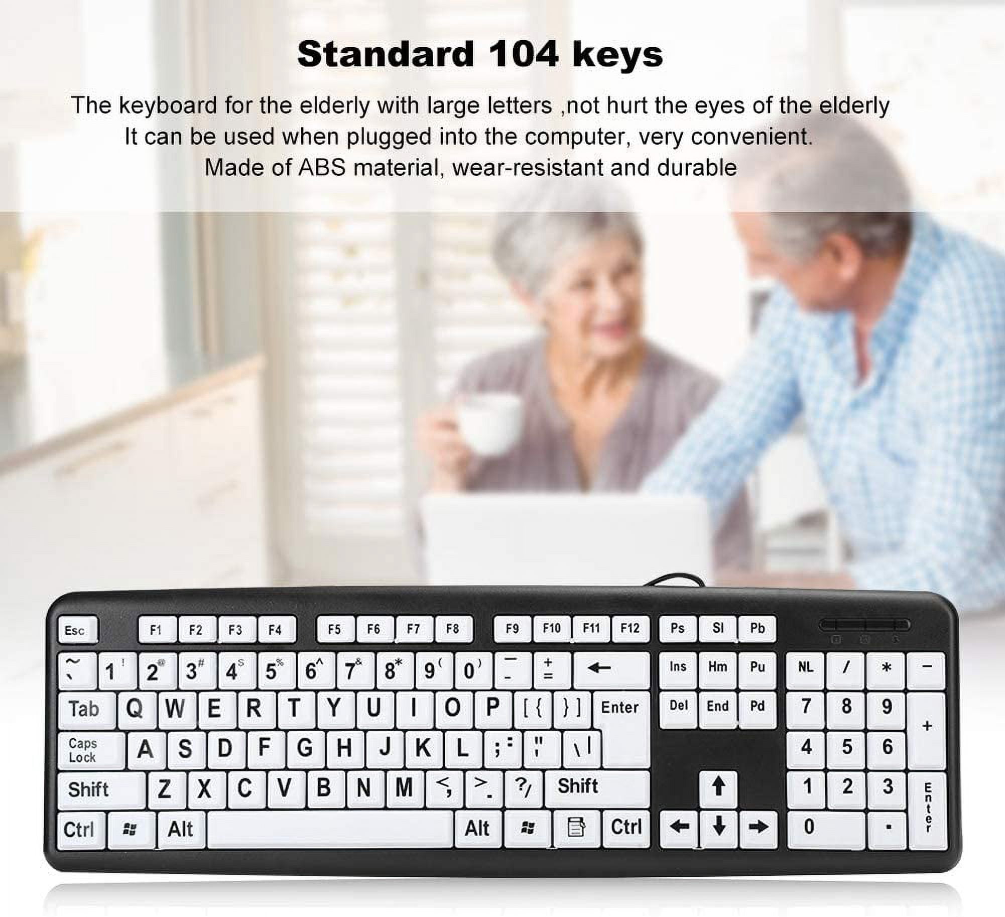 FIGT-104 Keys Large Key Keyboard Black Low Vision Keyboard USB Wired Computer Keyboard Old People Keyboard with White Large Print Keys for Elderly Seniors Visually Impaired(Black)【0514】