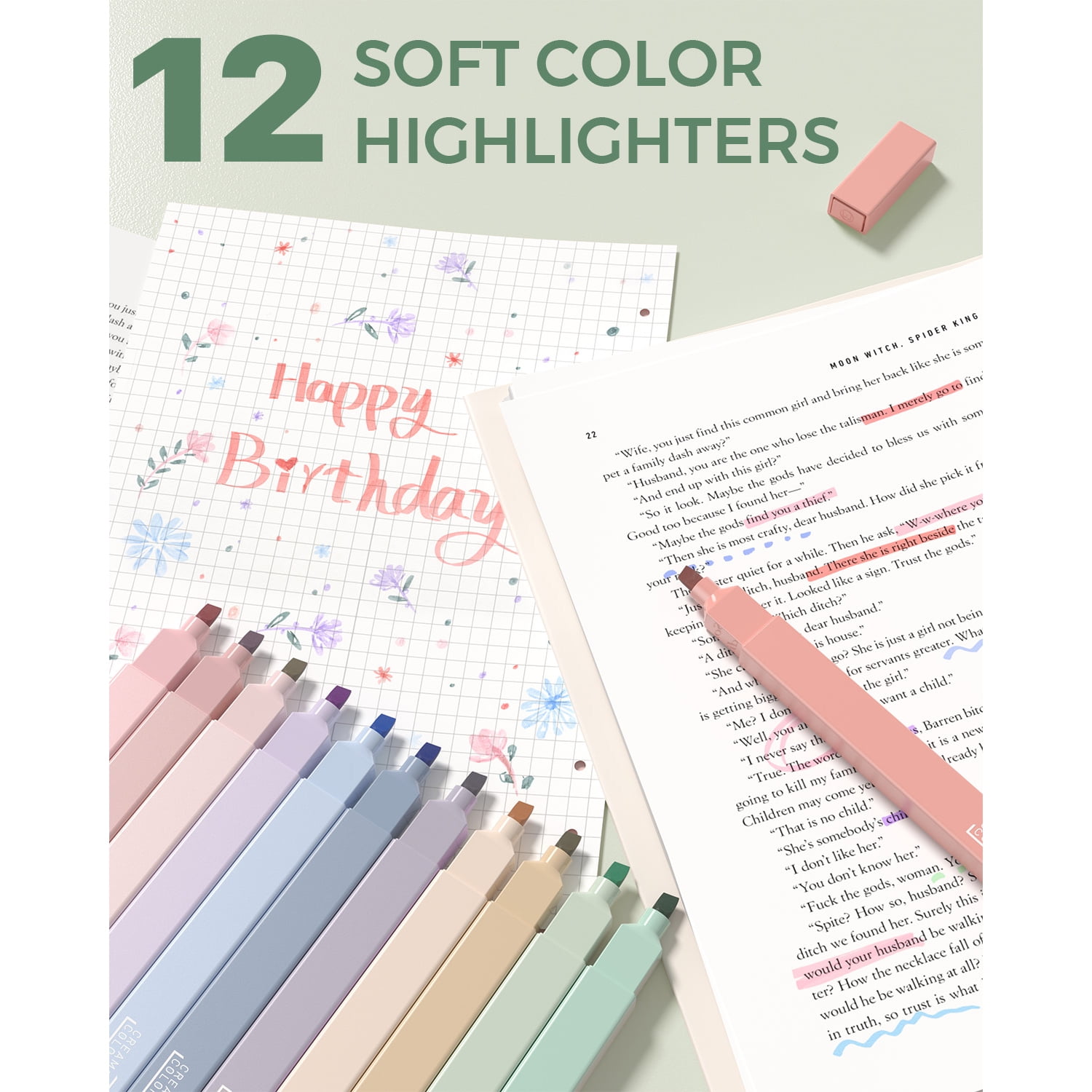 Four Candies 56 PCS Aesthetic Supplies with Pencil Case, 6 Multicolor Pen, 12 Pastel Highlighters, 5 Gel Pens Black Ink, 9 Mechanical Pencils for  Stationary Set Preppy Stuff (Green)