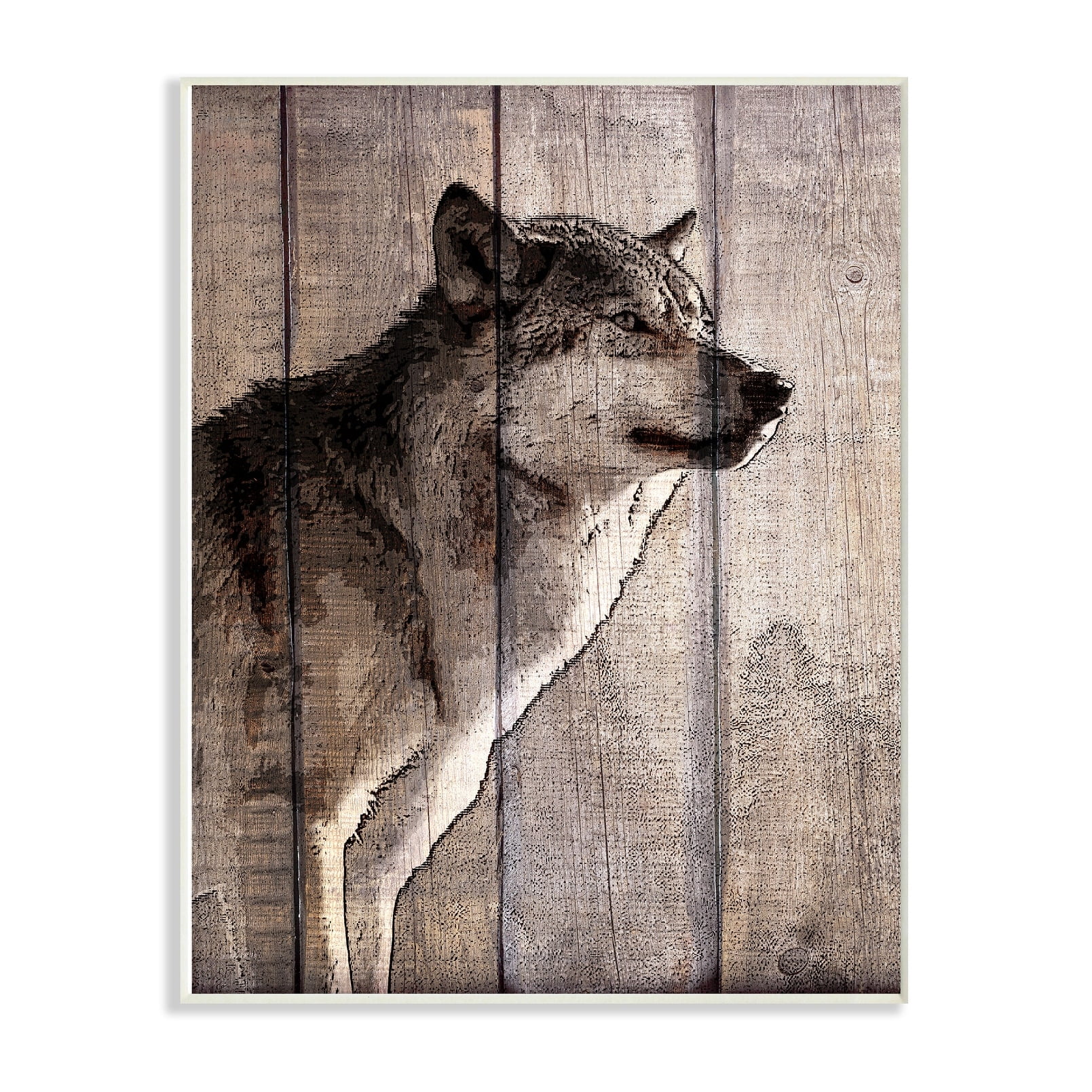 The Stupell Home Decor Brown Wolf Planked Look Photography Wall Plaque Art