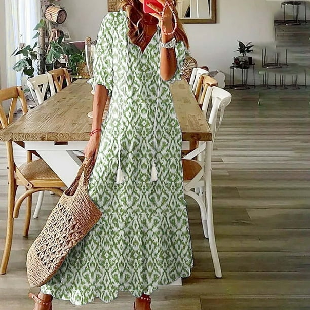 Puntoco Vestido De Manga Corta Con Cuello En V, Vestido Estampado De Manga Corta Con Cuello En V Para Mujer Verde M