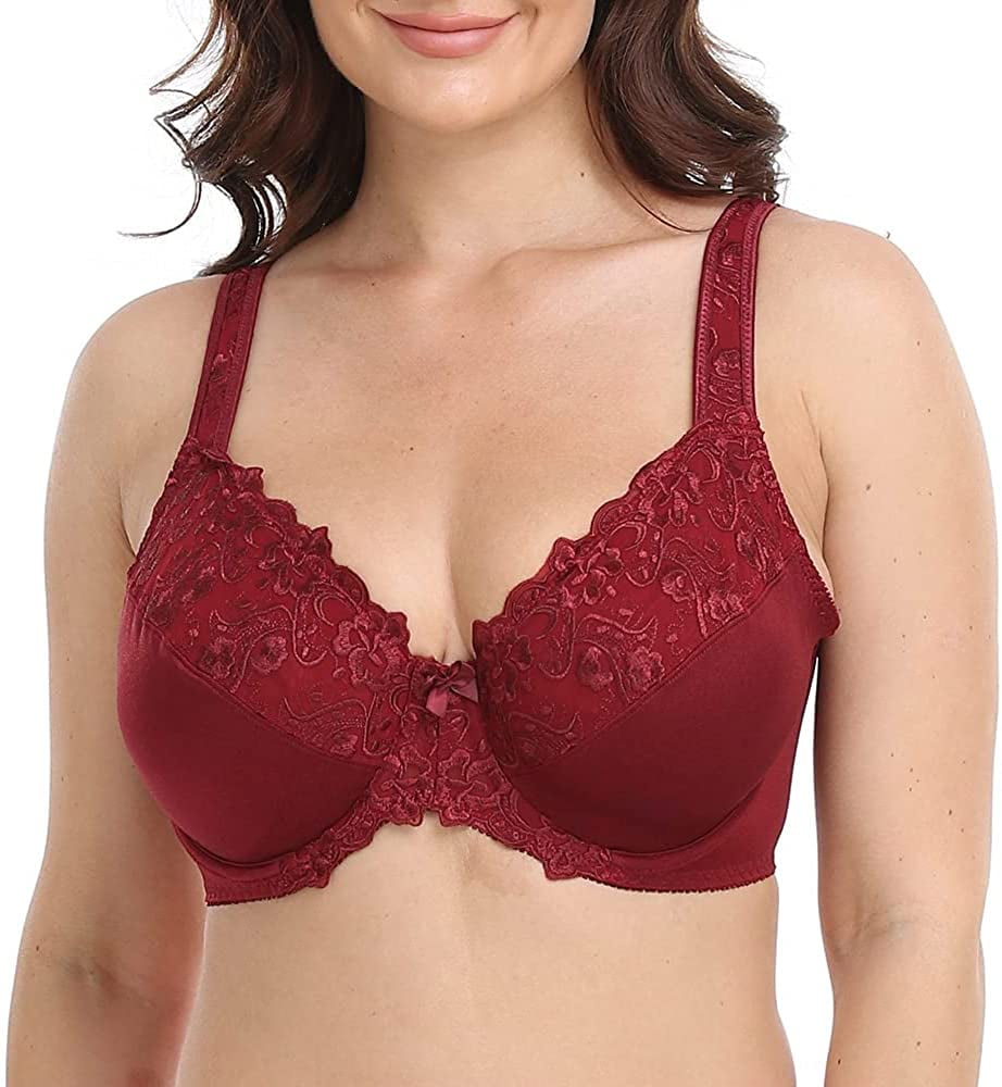  Womens Floral Lace Bra Plus Size Firm Hold Non Wired Non  Padded Full Coverage Minimizer 40DDD Gray