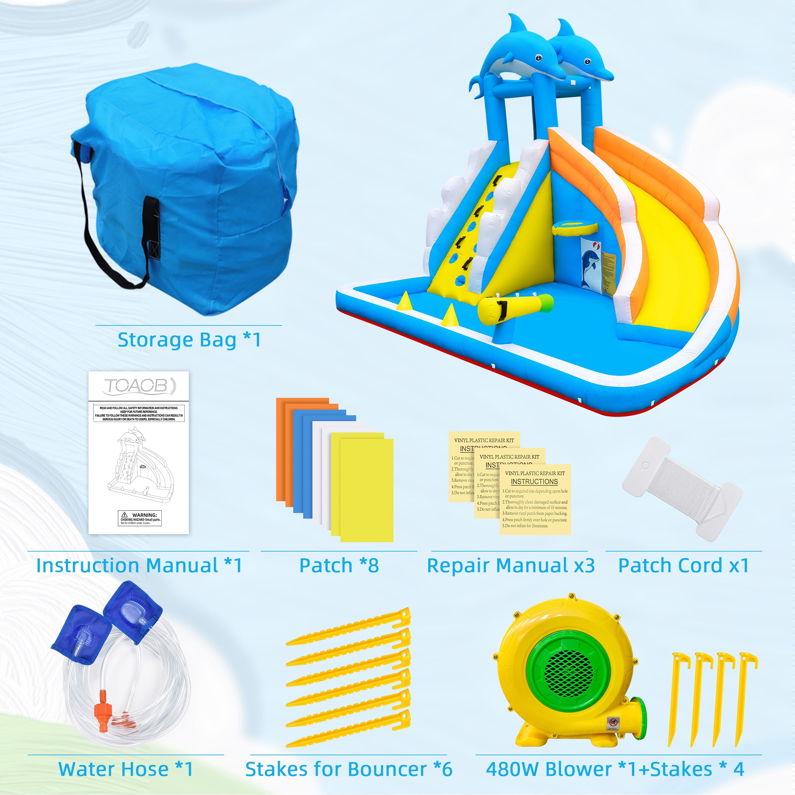 Inflatable Water Slide,5 in 1 Dolphin Inflatable Bounce House for Kids- Climbing Wall Splash Pool Water Cannon Basketball Rim - 480W Blower - for Indoor Outdoor Backyard Birthday Party