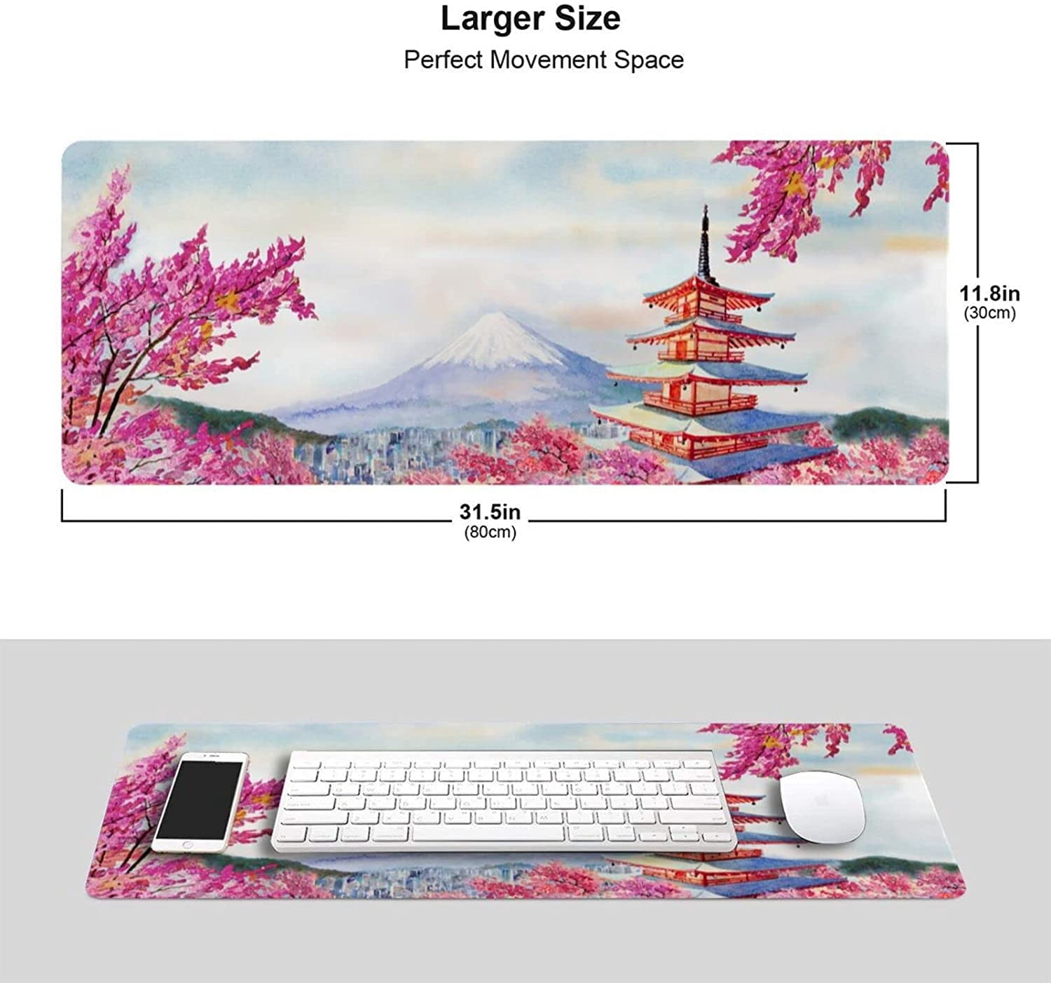 Japanese Cherry Blossom Gaming Mouse Pad XL, Extended Large Pink Full Desk Mousepad 31.5 X 11.8 Inch, Big with Stitched Edge, Non-Slip Long Computer Keyboard Mat for Office & Home Caburywe,