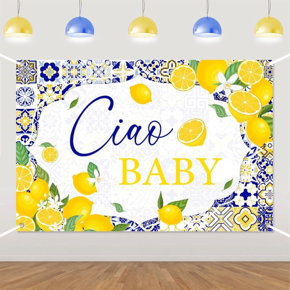 6x4FT Ciao Baby Backdrop Blue Tiles Lemon Ciao Baby Shower Photography Background Italian Lemon Newborn Shower Birthday Party Decorations Banner Supplies Photo Booth Props