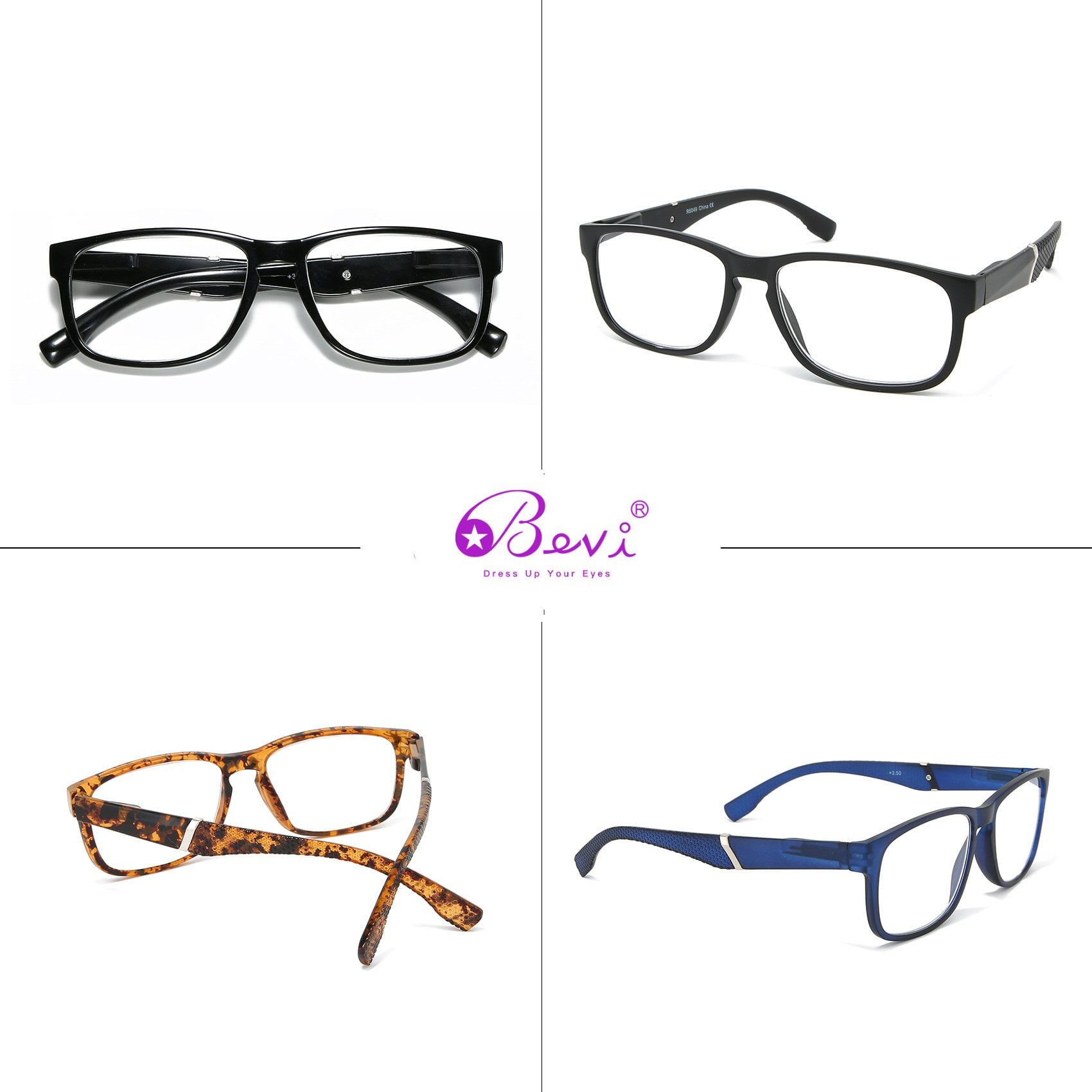 +2.00 Bevi Eyewear Adult Unisex Square Reading Glasses, +2.00 Magnification, Off-White, 4 Pair