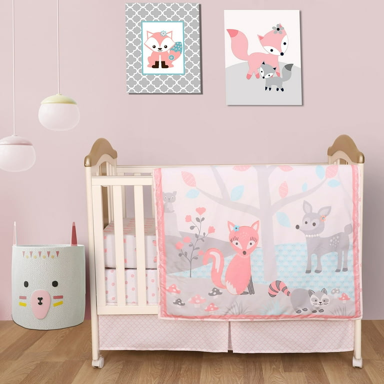 Cuddles Cribs 100 Cotton 4 Piece Baby Girl Nursery Bedding Set Pink Fox Walmart