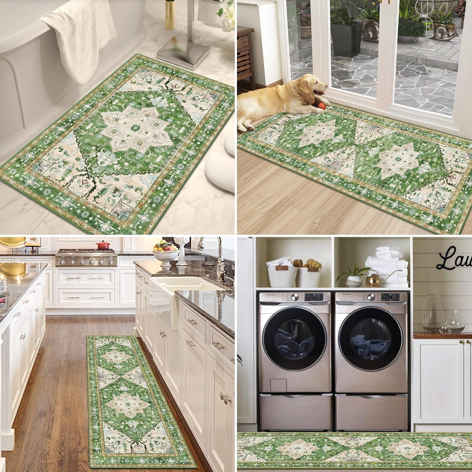 Boho Washable Kitchen Rugs Sets of 3, Non Slip Kitchen Mats for Floor with Rubber Backing, Waterproof & Stain Resistant Thick Carpet Runner Throw Rug for Kitchen, Laundry Room, Hallway, Green