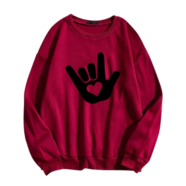toraway Sweatshirts pour Femmes Sans Capuche Fermeture à Glissière Femmes Saint-Valentin Simple et à la Mode Je t'Aime Geste Imprimé Col Rond Manches Longues Chandail en Molleton Sans Capuche m