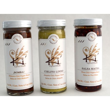 3 pack Mexican Gourmet Salsas: Macha (Three Chilies Sauce), Bomba (Habanero Chili Sauce) and Cielito Lindo (Jalapeño Chili Sauce) by Ki' Gourmet