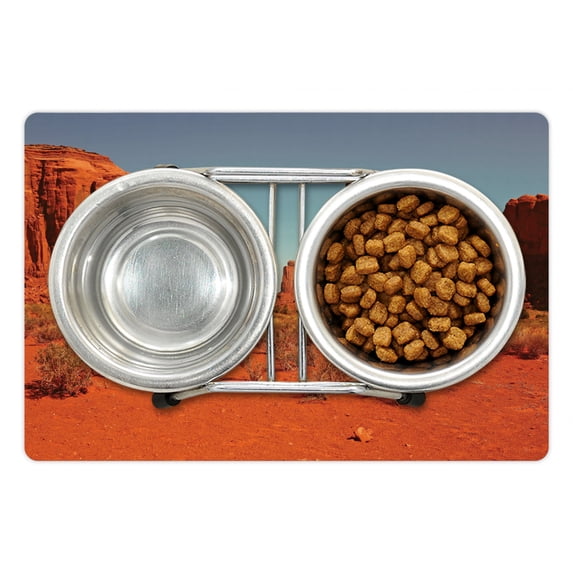 Desert Pet Mat for Food and Water, Sunny Hot Day Monument Valley Arid Country Primitive Nation Arizona USA, Non-Slip Rubber Mat for Dogs and Cats, 18" X 12", by Ambesonne