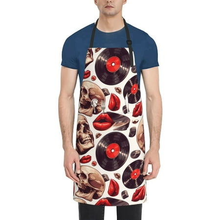 

Pofeuu record lips Skull Print Waterproof Apron with Pockets Adjustable Cooking Aprons Kitchen Bib for Baking Household Cleaning
