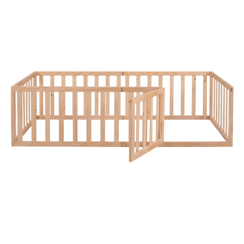 Twin Size Floor Bed Platform Bed with Fence and Door, Wood Montessori Bed Toddler Bed Playhouse Bed for Boys Girls, No Slats