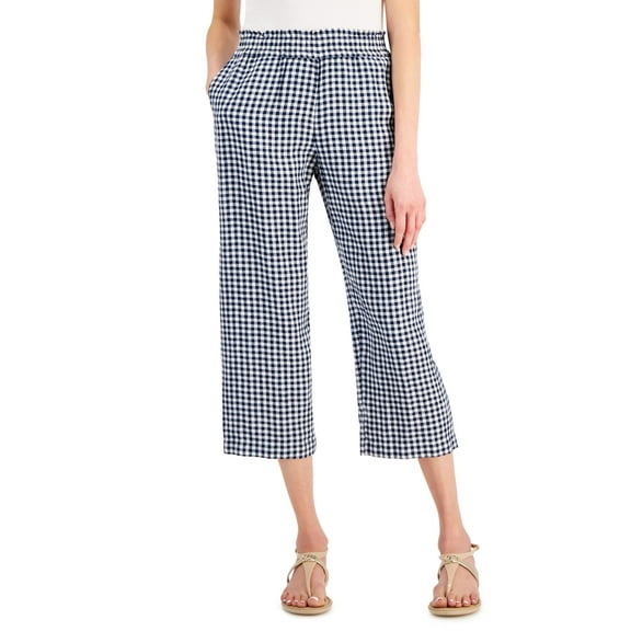 Charter Club Womens Linen Plaid Pull On Pants Intrepid Blue Combo L