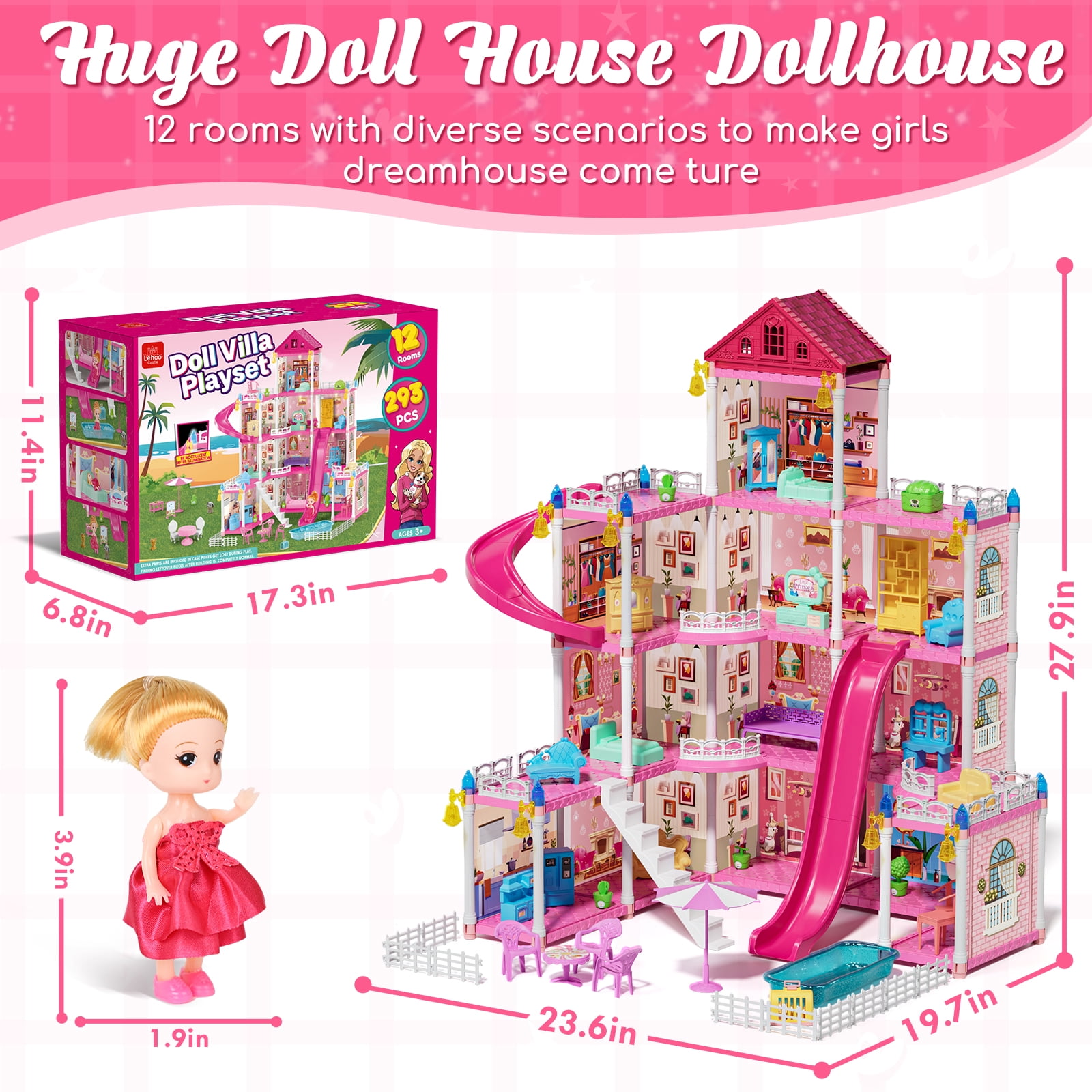 Doll House - Toys for 4 Year Old Girl, Dream Dollhouse 12 Rooms Playhouse with LED Lights Furniture and Accessories, Pretend Play Kit Doll Houses for Girls 4 6 Years
