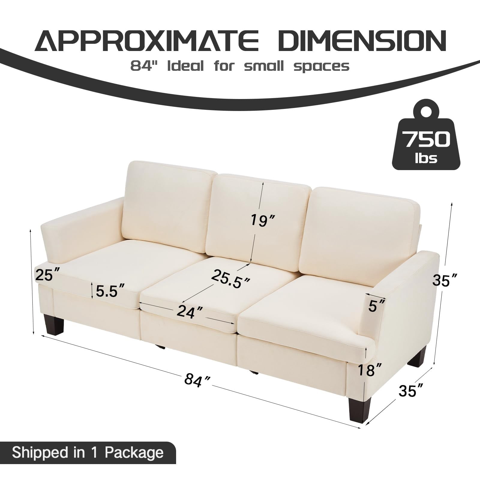 84" Mid Century Modern 3 Seater Sofa Couch, Deep Seat Upholstered Sofa with Armrests, Comfy Linen Couch for Living Room, Bedroom, Apartment & Office, Beige