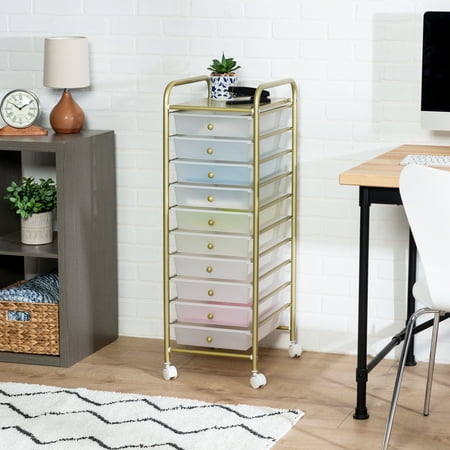 UPC: 0847539088969 | Honey-Can-Do Plastic and Steel 10-Drawer Rolling Storage Cart with 1 Shelf Clear/Gold