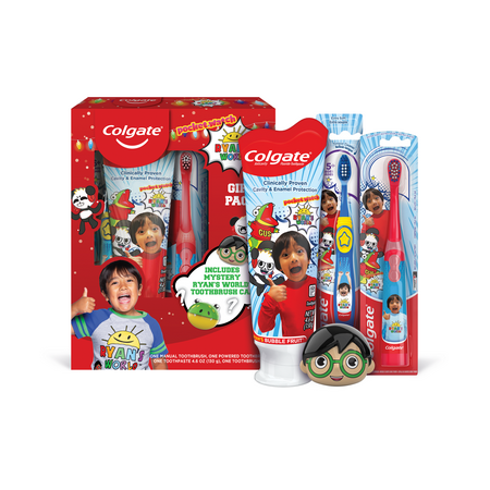 Colgate Kids Toothbrushes with Toothbrush Cap Gift Set, Ryan's World, Bubble Fruit, 4 Pc