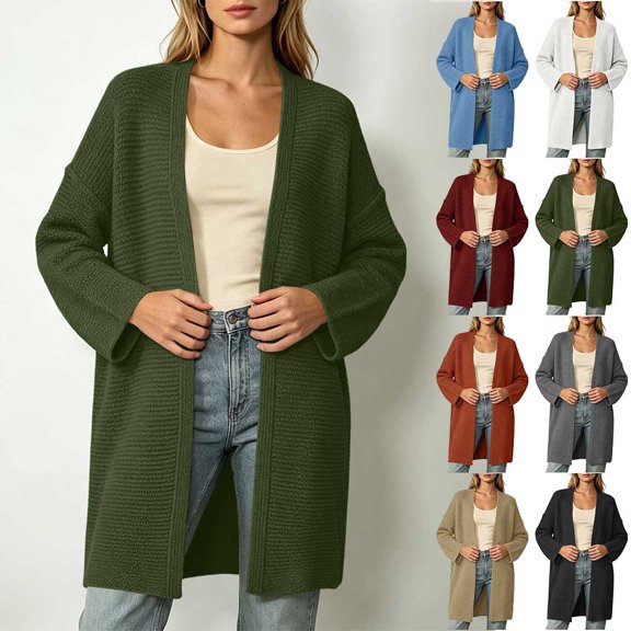 Otvok Women Textured Rib Knit Open Front Cardigan, Long Drop Shoulder Sleeve Mid Length Loose Knit Sweater Outerwear