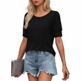 thumbnail image 4 of Byworldtasic Womens Spring Summer Tops Puff Short Sleeve Sweater Crewneck Knit Work Blouses Dressy Casual Trendy Shirts, 4 of 7