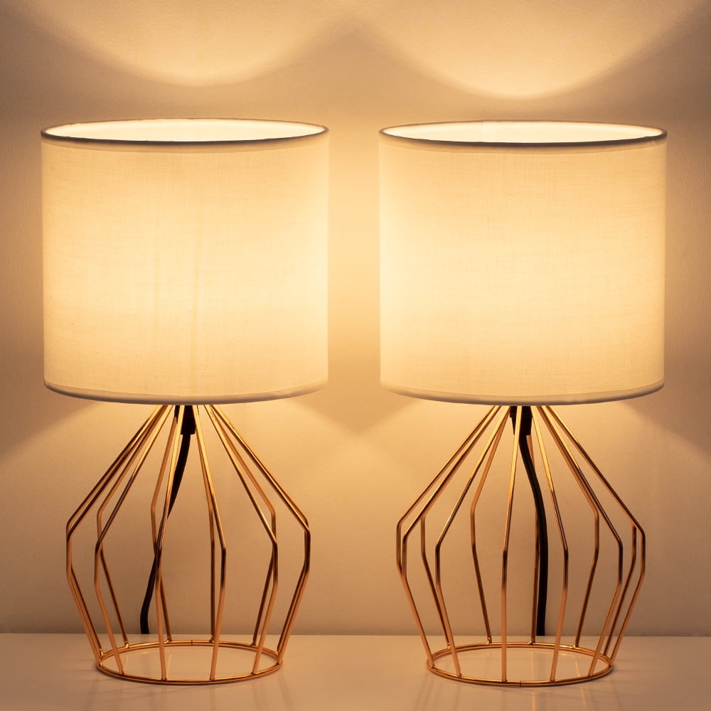 Bedside Table Lamps, Rose Gold Hollowed Out Base with Linen Fabric Shade Lamps Set of 2
