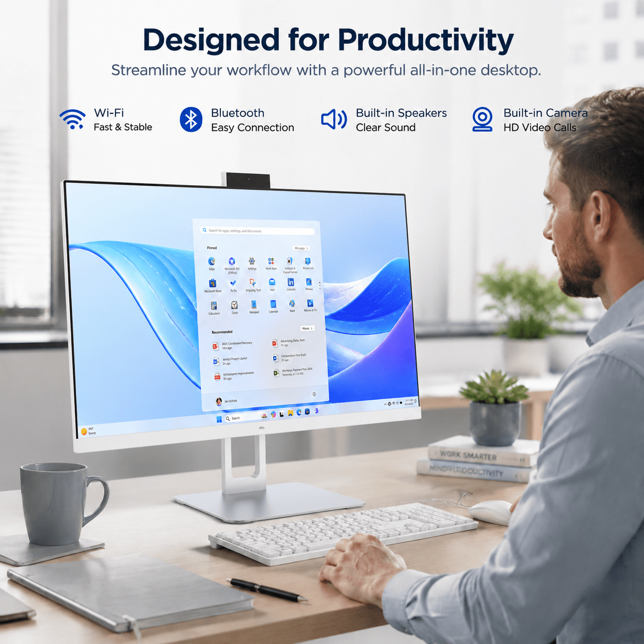 PTZZHEDM 23.8" All-in-One Desktop Computer, Intel i5-2520M, 8GB RAM, 128Gb SSD, FHD Display, Windows 10 Pro, Webcam, Keyboard, Mouse, Wi‑Fi, Bluetooth, White