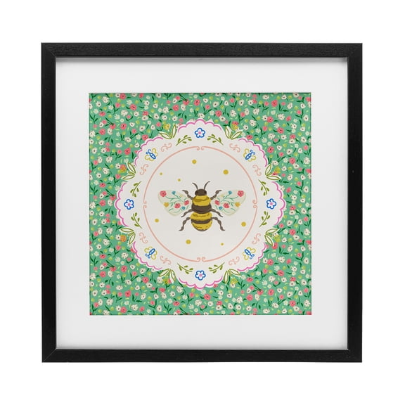 Spring Bee Delicate Florals Black Framed Print Under Glass, design by Angela Steahling