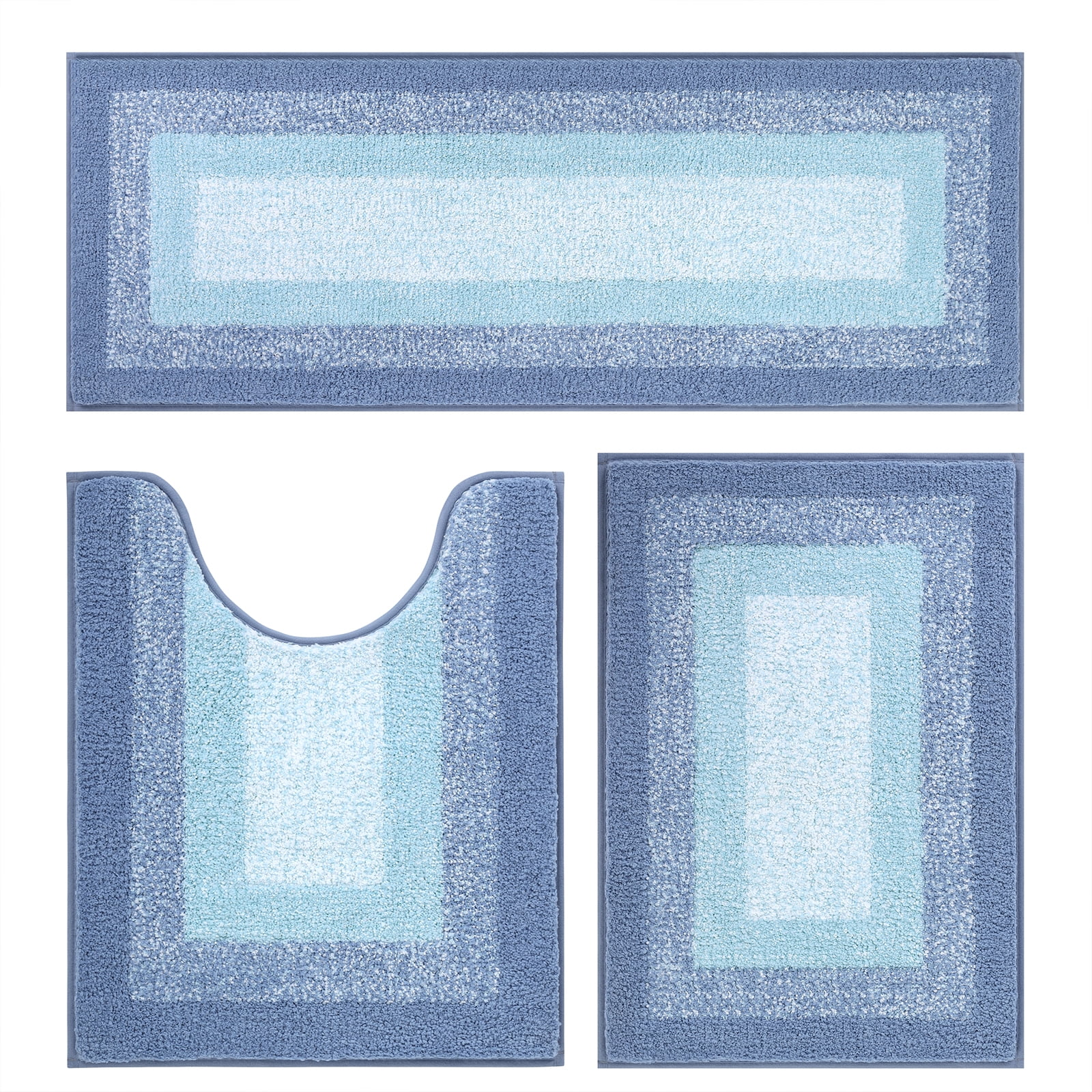Ileading 3 Piece Bath Rug Set Microfiber Washable Non Slip Bathroom Rug and Mat Set, Light Blue
