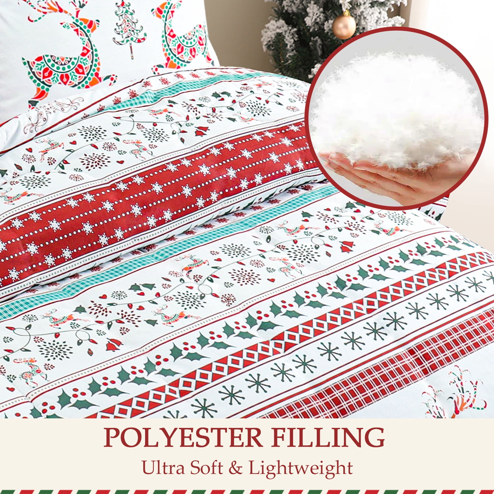Exclusivo Mezcla Christmas Twin Size Comforter Set, 2 Pieces Reversible Rust Red Striped Bedding Comforters, Printed Flowers Reindeer Pattern