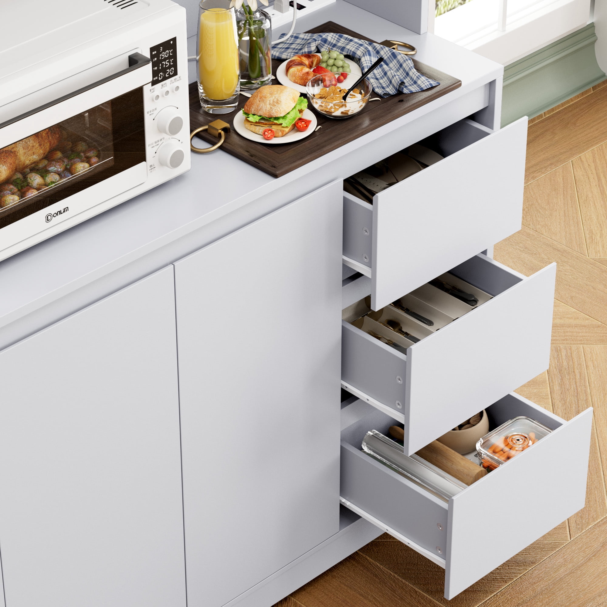 Homfa 70.9'' Kitchen Pantry Cabinet with Charging Station and LED Light, 3 Drawers Buffet Storage Cabinet with Glass Doors and Adjustable Shelves, Gray