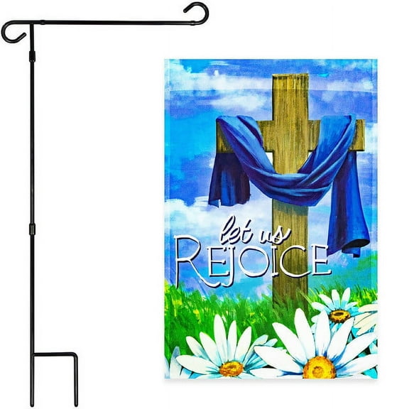 G128 Combo Pack: Garden Flag Stand Black 36x16IN & Garden Flag Let Us Rejoice Easter Cross 12x18IN