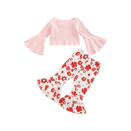 

Peyakidsaa Baby Girls Autumn Outfits Ribbed Flared Long Sleeve T-shirt Tops and Casual Cartoon/ Floral Print Flare Pants