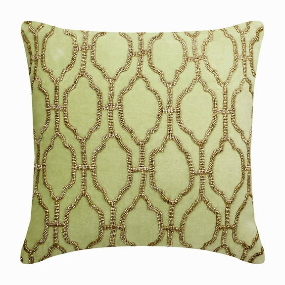 Cushion Cover For Chair, Decorative Mint Green 16"x16" (40x40 cm) Throw Pillows For Couch, Cotton Velvet Lattice, Trellis & Beaded Cushion Cover, Geometric Pattern - Minty Flavor