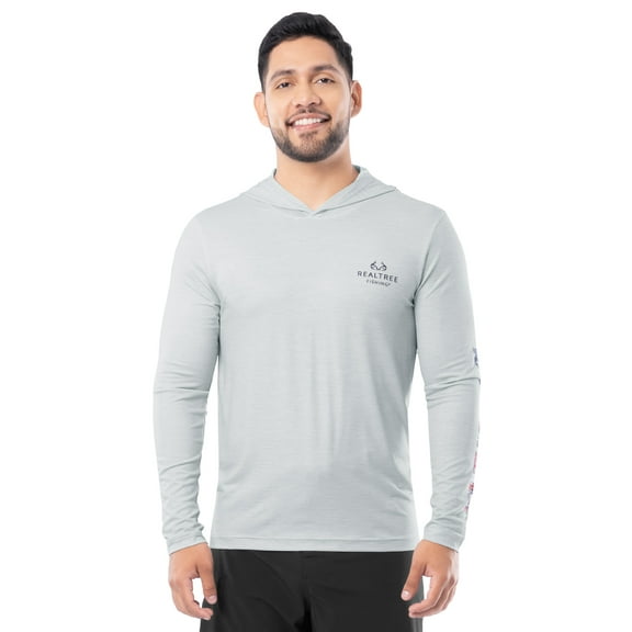 Realtree Men's Long Sleeve Performance Americana Fishing Hoodie, Heather Grey Cationic, 2XL