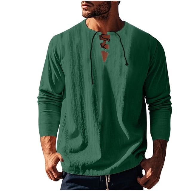zbxnLI Mens Linen Shirts Drawstring V Neck Long Sleeve Shirt Lightweight Spring Fall Long Sleeve T-Shirts
