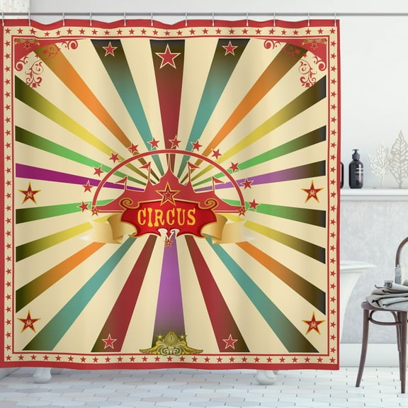 Circus Shower Curtain, Colorful Retro Circus Invitation or Advertisement for Audience with Tent Silhouette, Fabric Bathroom Set with Hooks, 69W X 70L Inches, Multicolor, by Ambesonne