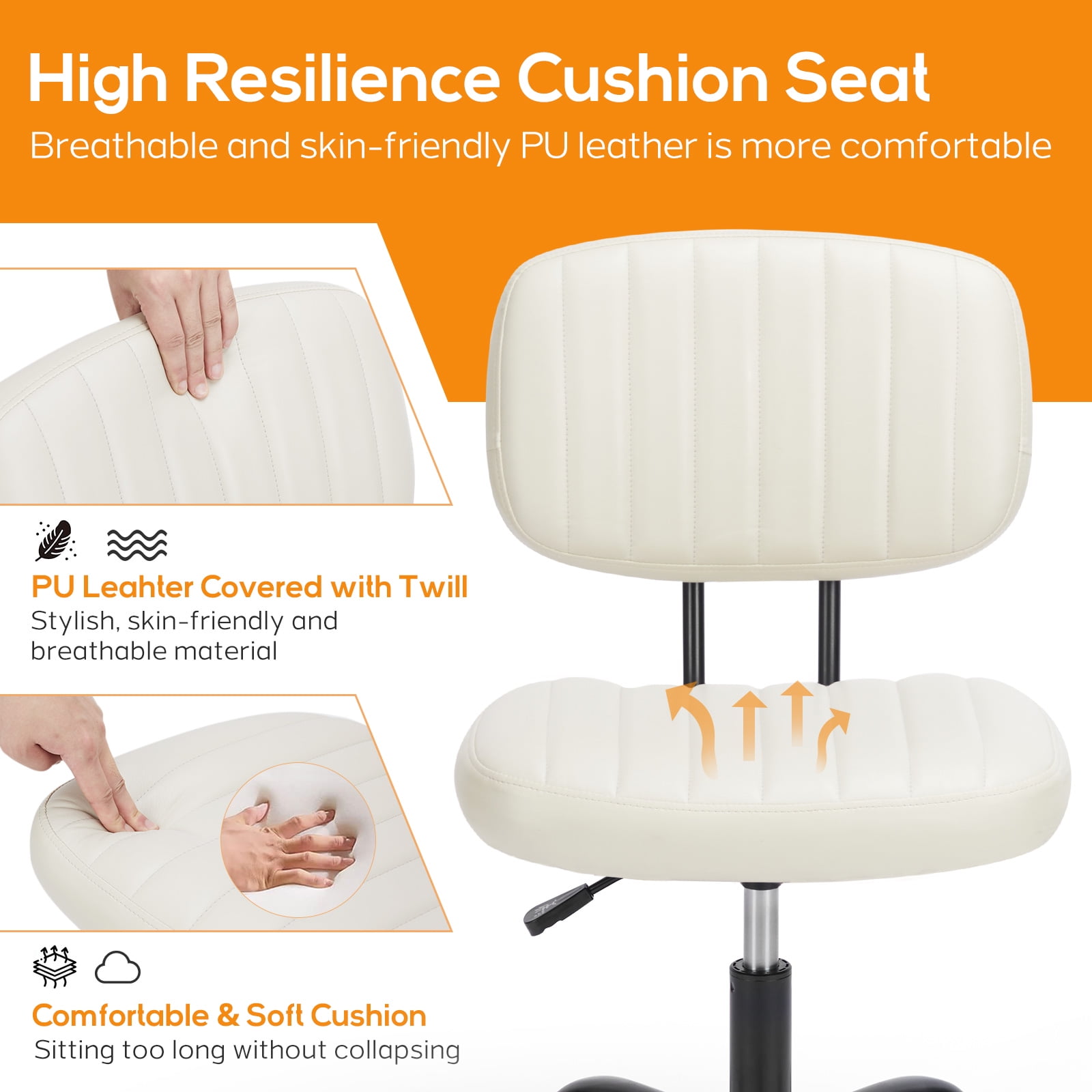 Aidoly Office Desk Chair, Armless Computer Chair with Lumbar Support, PU Leather Low Back Adjustable Height 360° Rolling, Beige