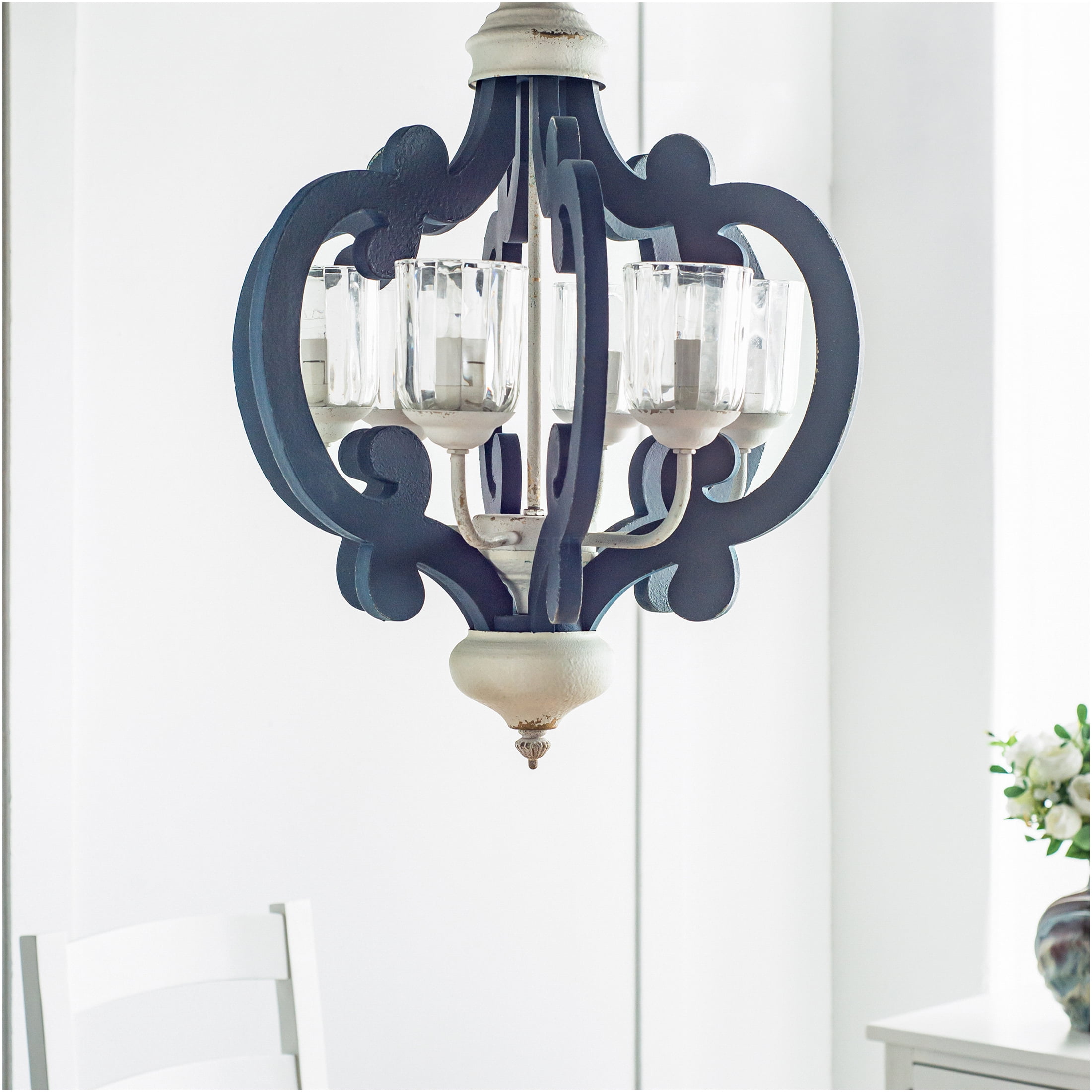 JERFIT 6-Light Farmhouse Chandelier Pendant Light Fixture, Cream Wood & MDF Hanging Lighting for Kitchen Island Dining Room, Hardwired, No Bulbs Included