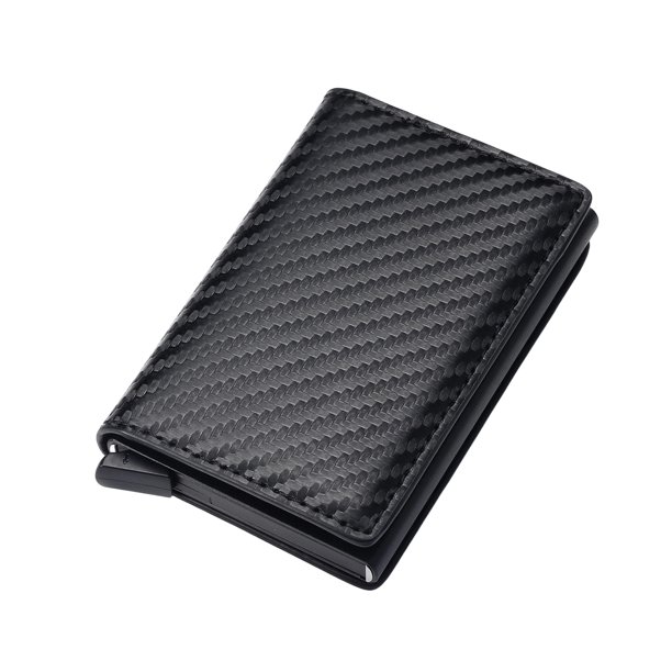 Cartera de piel sintética para hombre, billetera triple con bloqueo RFID y tarjetero delgado emergente, tarjetero de aluminio metálico.