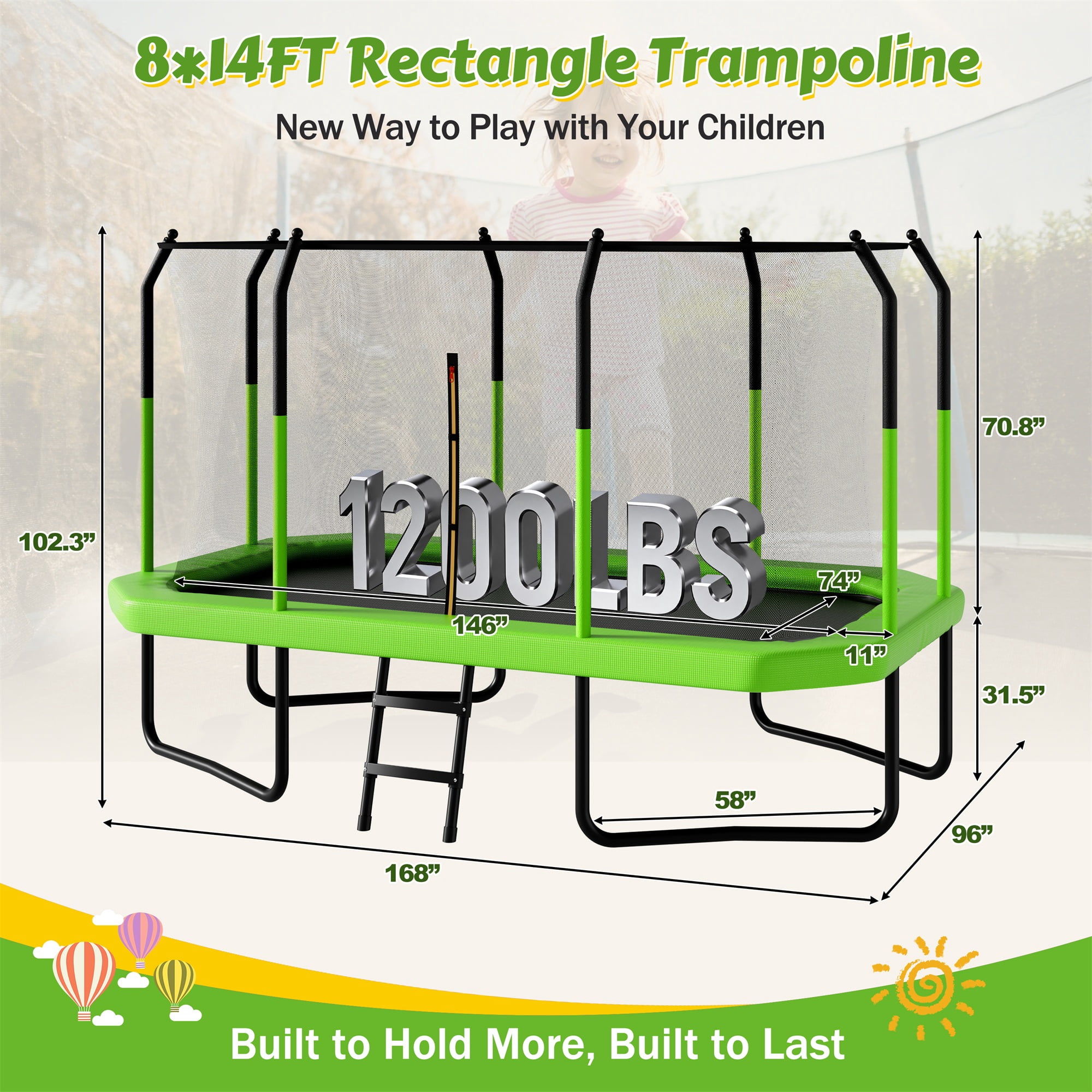 Alvantor 8x14 ft Rectangle Trampoline for Kids, Outdoor Trampolines with Enclosure Net for Gymnastics Green