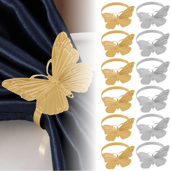 Golden/Silver Napkin Rings Holder Set of 12 in Butterfly Design Festive Table Decor Setting for Holiday Wedding Birthday Kitchen Home Decor Housewarming Gift